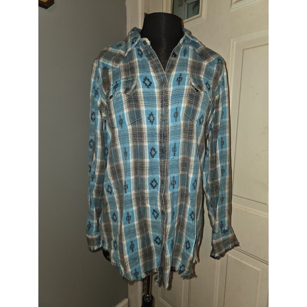 Ryan Michael Western Plaid Shirt Blue Cotton L Country Cowgirl Southwestern